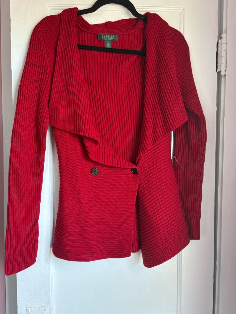 NWT Lauren Ralph Lauren Red Ribbed Cotton Cardigan Petite Large Button Front